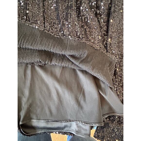 Parker sequin black mini cocktail dress size 0 collar long sheer sleeve tie fron - Picture 7 of 12